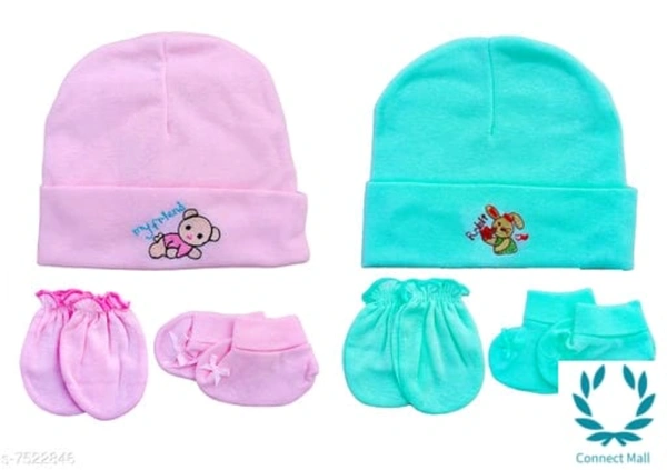Baby Unisex Mitten Cotton Cap and Booty Set - Free Size, Pink,Green, Cotton, Mitten Cap &Booty Set, Multipack:2